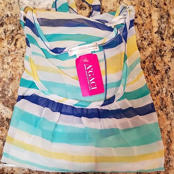 A'gaci | white, blue & teal green striped semi sheer top Large Nwt - Picture 7 of 7